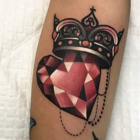 Queen of Hearts Tattoo | Tattoo Ideas and Inspiration Diamond Crown Tattoo, Queen Of Hearts Tattoo, Geometric Tattoo Sleeve Designs, Anniversary Tattoo, Hearts Tattoo, Jewel Tattoo, Knight Tattoo, Birthday Tattoo, Blue Rose Tattoos