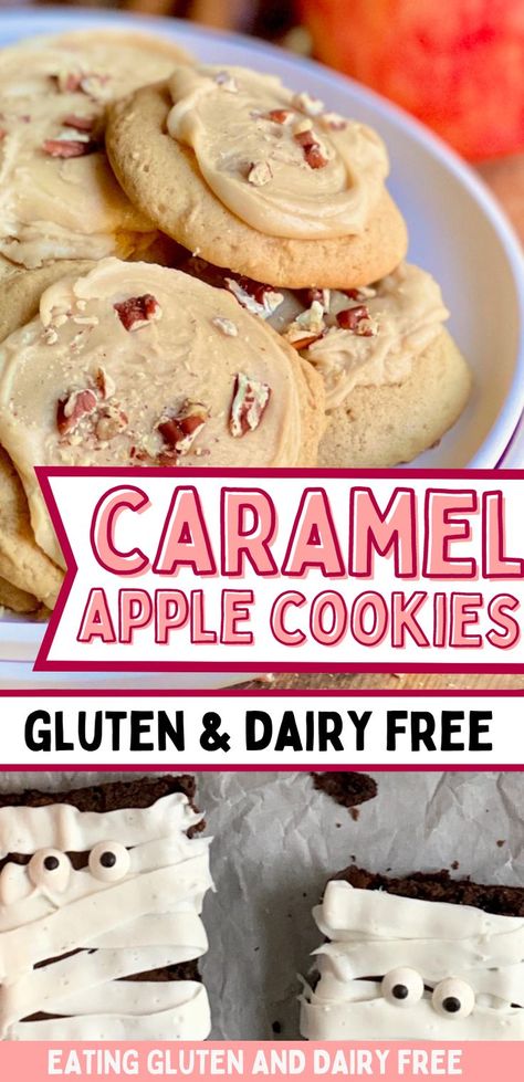 Caramel apple cookies iwth text overlay. Caramel Apple Pie Cookies, Gluten Free Caramel Apples, Gluten Free Caramel, Cookies Dairy Free, Sugar Free Cookie Recipes, Apple Cookies Recipes, Caramel Apple Cookies, Brown Sugar Frosting, Almond Flour Cakes