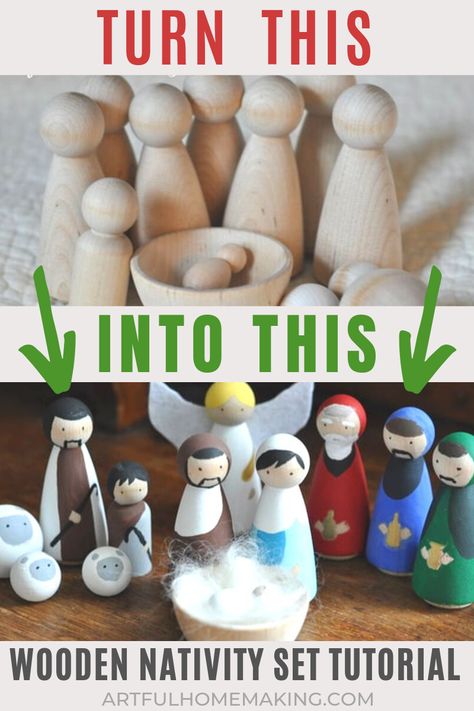 Waldorf Nativity, Nativity Set Diy, Diy Wooden Nativity, Nativity Peg Doll, Wooden Nativity Set, Nativity Scene Diy, Simple Nativity, Wooden Nativity Sets, Wooden Nativity