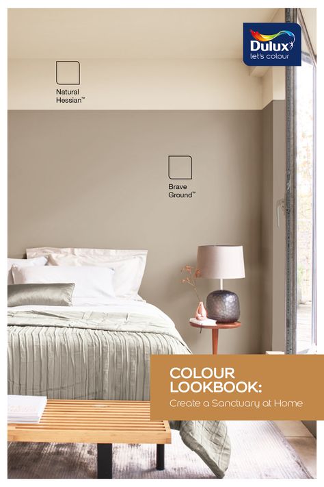 Colour Lookbook Sanctuary Home Bedroom Neutral Feature Wall Bedroom, 2 Colour Bedroom Wall, Neutral Relaxing Bedroom, Dulux Earthy Colours, Colors For Bedroom Walls Relaxing, Two Tone Neutral Walls, Dulux Neutral Colours Bedroom, Cosy Bedroom Paint Colours, Living Room Paint Color Ideas Dulux Colour Schemes