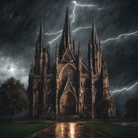 As lightning streaks across the heavens, the cathedral's intricate details come to life in a mesmerizing display of contrast and mystery. Abandoned Cathedral Fantasy Art, Dnd Cathedral, Gothic Cathedral Aesthetic, Fantasy Cathedral, Minecraft Halloween, Church Aesthetic, Medieval Gothic, Gothic Cathedrals, Cathedral Architecture