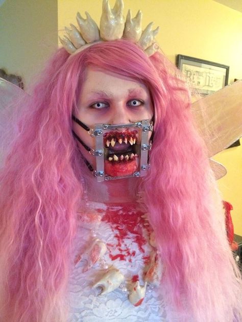 Evil Tooth Fairy costume by Zanna Haines #fxmakeup.  Awwwwesooommme. Teeth Halloween Makeup, Dark Tooth Fairy Costume, Evil Tooth Fairy Costume, Creepy Tooth Fairy Costume, Scary Fairy Costume, Scary Tooth Fairy, Tooth Fairy Costume Scary, Scary Tooth Fairy Costume, Evil Fairy Costume