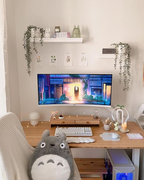 Cute ghibli room, ghibli decoration, desk setup, totoro (@bearable_studying on instagram) Ghibli Pc Setup, Ghibli Desk Setup, Studio Ghibli Desk Setup, Ghibli Setup, Ghibli Office, Studio Ghibli Desk, Studio Ghibli Room Aesthetic, Ghibli Room Decor, Totoro Room