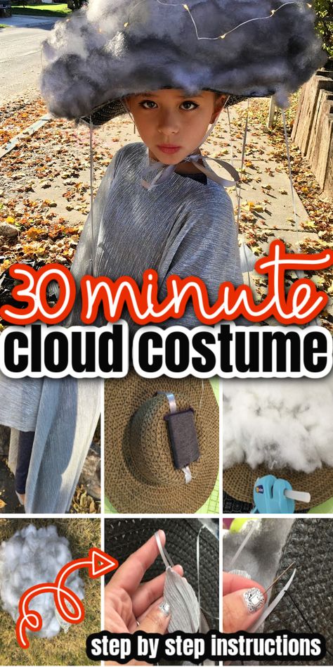 Step by step instructions for making a cloud costume. Great creative unique Halloween costume idea. 30 minute tutorial. Group Weather Costumes, Diy Carnevale Costume, Thunderstorm Costume, Diy Rain Cloud, Winter Costume Ideas, Cheap Costume Ideas, Tornado Costume, Rain Cloud Costume, Rain Costume