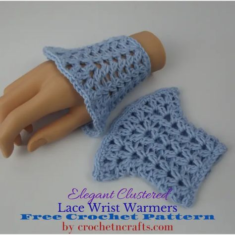 Elegant Clustered Lace Wrist Warmers Crochet Pattern by CrochetNCrafts. The pattern features a clustered v-shell and is super easy to adjust to all sizes. #crochet #freecrochetpattern #wristwarmers #crochetncrafts Wrist Warmers Crochet, Crochet Fingerless Gloves Free Pattern, Crochet Arm Warmers, Cotton Crochet Patterns, Crochet Hand Warmers, Half Gloves, Crochet Wrist Warmers, Fingerless Gloves Crochet Pattern, Crochet Gloves Pattern