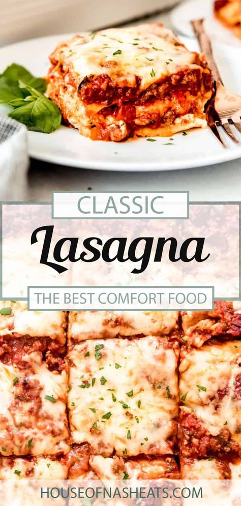 Nothing says love like a big pan of layered cheese, pasta, meat, and sauce. This Classic Lasagna recipe is always a crowd pleaser made with 4 simple layers, and comes together in just minutes with an easy hack. The oven does the rest for you! This classic meat lasagna recipe is a traditional Italian one and sure to become a family favorite in no time! #lasagna #meat #classic #groundbeef #sausage #Italian #homemade #fromscratch #noodles #pasta #easy #best #simple #bolognese #marinara #... Meat Lasagna Recipe, Easy Lasagna Recipe With Ricotta, Sausage Italian, Simple Layers, Homemade Lasagna Recipes, Lasagna Recipe With Ricotta, Classic Lasagna Recipe, Best Lasagna Recipe, Sausage Lasagna