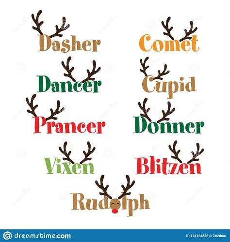 Santa`s Reindeer names stock vector. Illustration of cupid - 134124856 Name Tags Printable, Holiday Facts, Christmas Art For Kids, Adult Christmas Party, Cricut Christmas Ideas, Reindeer Names, Santa's Reindeer, Cricut Cuttlebug, Santa Claus Reindeer