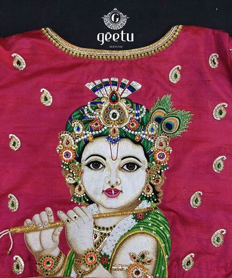 Geetu Designs on Instagram: “It's all in the little details & look how stunning these delicately handcrafted LITTLE KRISHNA.. ° ° ° Further details Whatsapp:…” Fabric Painting With Aari Work Blouse, Krishna Blouse Designs, Tanjore Painting On Blouses, Aari Drawing, Blouse Painting, Blouse Designing, Thanjavur Painting, Handwork Design, Fabric Paint Shirt