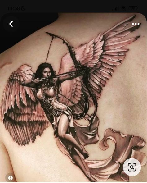 Worrier Angel Tattoo, Warrior Angel Tattoo For Women, Beautiful Angel Tattoos For Women, Female Knight Tattoo, Woman Warrior Tattoo Goddesses, Eris Tattoo, Warrior Woman Tattoo, Female Angel Tattoo, Huntress Tattoo