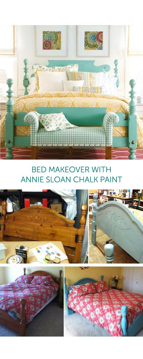 Painting furniture with Annie Sloan Chalk Paint. Bad makeover inspired by Ethan Allen. http://86lemons.com/annie-sloan-chalk-paint/ Do It Yourself Quotes, Cheap Diy Headboard, Annie Sloan Painted Furniture, Pine Bedroom Furniture, Bed Makeover, Room Pics, Painted Beds, Bedroom Furniture Makeover, Painted Bedroom Furniture