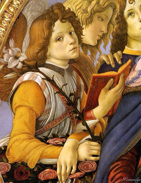 Angel with embroidered stole, detail from Madonna of the Pomegranate, by Sandro Botticelli, 1487. Tempera on wood | Uffizi, Florence Botticelli Madonna, Botticelli Art, Botticelli Paintings, Giorgio Vasari, Sandro Botticelli, Uffizi Gallery, Caravaggio, Italian Artist, Italian Art