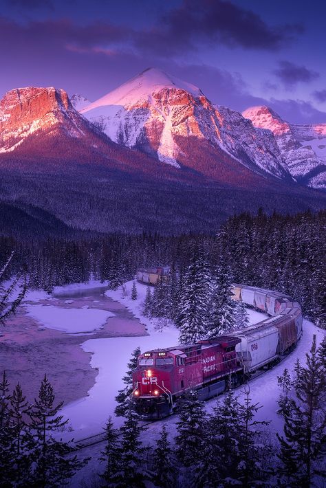 The Canadian Pacific Railway train winds its way through the Rockies on a cold winter morning. Train Wall Art, Canadian National Railway, Canadian Pacific Railway, Belle Nature, Lake Louise, Gods Creation, Rocky Mountain National, Banff National Park, Sign Printing