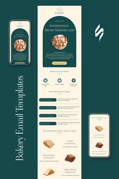 Events email template "Bread masterclass" for baking industry. Unlock email success. Follow us on Pinterest for design and marketing hacks! 📈💌 #eventsemail #bakery #stripoemail #emailtips #emailnewsletter #emailtemplate #emaildesign #emailmarketing #emaildesignlayout Creative Email Design, Emailer Design Layout, Newsletter Graphic Design, Mailchimp Email Design, Email Marketing Template Design, Mailchimp Design, Marketing Hacks, Email Marketing Design Inspiration, News Letter