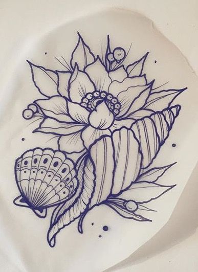 flower & seashell tattoo Seashell Tattoos, Shell Tattoos, Dibujos Tattoo, Illustration Tattoo, Tattoo Zeichnungen, Ocean Tattoos, Inspiration Tattoos, Cat Tattoos, Disney Tattoo