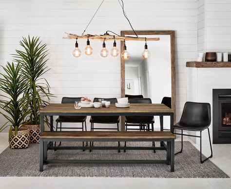 grey pattern rug under brown timber industrial dining table from freedom Rug Under Kitchen Table, Rug Under Dining Table, Dining Room Industrial, Dining Table Lighting, Industrial Dining Table, Dining Table Rug, Dining Room Walls, Dining Room Rug, Dining Room Lighting