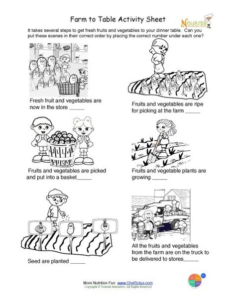 Printable farm to table- healthy farm foods FUN nutrition activity worksheet for kids- Kids have fun and are challenged to put the pictures in order, from planting the vegetables and fruits. to growing food and harvest time, to transporting the food an... Plate Worksheet, From Farm To Table, Kids Vegetables, Nutrition Classes, Nutrition Activities, Activity Worksheet, Fruits For Kids, Food Wishes, Farm Food