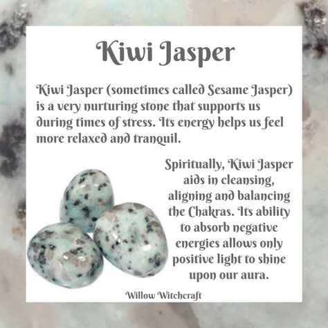 Willow Witchcraft Kiwi Jasper Crystal, Kiwi Jasper Meaning, Kiwi Jasper Crystal Meaning, Stones Meanings, Jasper Properties, Kiwi Jasper, Crystal Seashells, Crystal Healing Chart, Sweet Magic