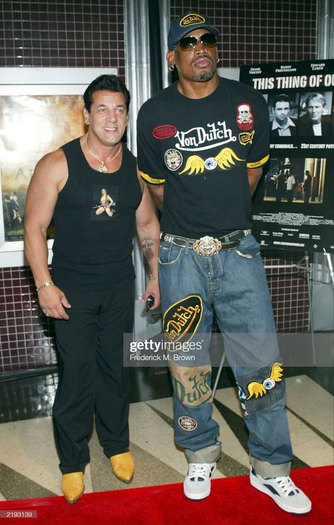 Dennis Rodman wearing Von Dutch at the film premiere of "This Thing Of Ours" with Chuck Zito in Hollywood (2003) Denis Rodman Style, Dennis Rodman Style, Dennis Rodman Fashion, Dennis Rodman Outfit, Chuck Zito, Von Dutch Outfit, Denis Rodman, Film Premiere, 90s Fashion Men