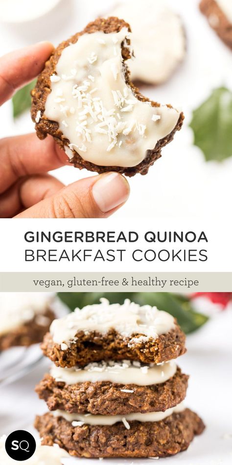 These delicious gingerbread quinoa breakfast cookies might taste like a dessert, but they're packed with healthy ingredients. Vegan & gluten-free too! Gluten-Free and Vegan Gingerbread Cookies Recipe. Gingerbread Quinoa Breakfast Cookies | Simply Quinoa | Healthy Cookies Gingerbread Breakfast Cookies, Gut Healthy Cookies, Puffed Quinoa Recipes, Quinoa Desserts, Almond Butter Cookie Recipe, Healthy Gingerbread Cookies, Aip Foods, Gluten Free Gingerbread Cookies, Quinoa Cookies