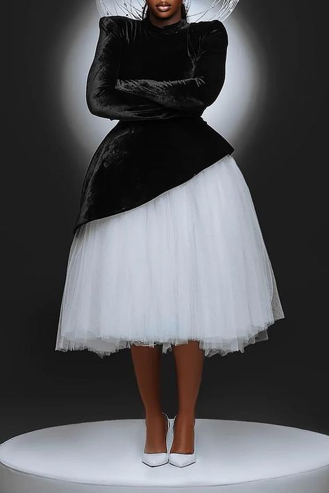 Plus Size Formal Midi Dresses Elegant Black Fall Winter Mock Neck Long Sleeve Contrast Velvet Tulle Midi Dresses Black And Silver Dress Outfit, Black And White Party Outfit, Velvet Gown Design, Silver Dress Outfit, Formal Midi Dresses, Braid Styles For Girls, Rainbow Dresses, Purple Sequin Dress, Black And White Gown