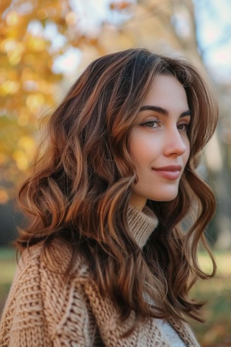 20 Beautiful Ideas For Fall Highlights On Brown Hair Fall Brunette Hair With Highlights, Light Brown And Auburn Hair, Brunette Copper Blonde Balayage, Chestnut Balayage On Dark Hair, Autumn Brunette Hair Colour, Brunette Balayage Fall, Light Brown Copper Hair With Highlights, Auburn Brunette Hair Pale Skin, Auburn Brown Hair Fair Skin