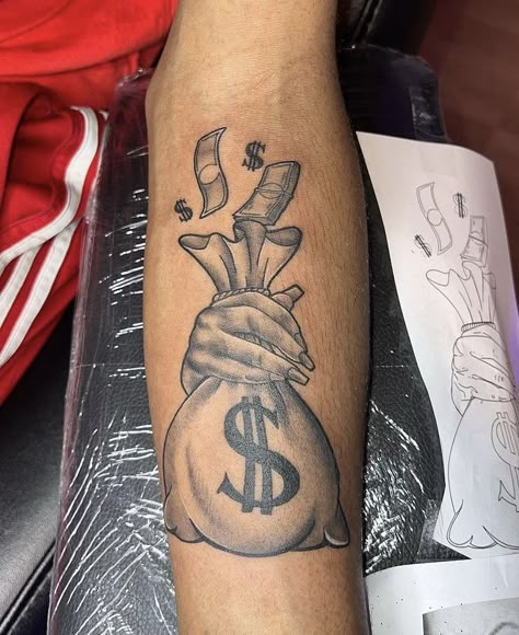 Women Cute Tattoos, Dollar Sign Tattoo, Money Bag Tattoo, Arm Tattoos For Guys Forearm, Tattoos Leg, Cute Thigh Tattoos, Matching Friend Tattoos, Gangsta Tattoos, Money Tattoo