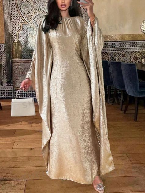 SHEIN Clasi Women's Elegant Light Gold Spring/Summer Dress With Oversized Batwing Sleeves | SHEIN USA Gold Modest Dress, Gold Abaya, Beige Birthday, Satin Outfits, Muslim Style, Eid Outfit, Dresses Aesthetic, Printed Casual Dresses, Modest Dress