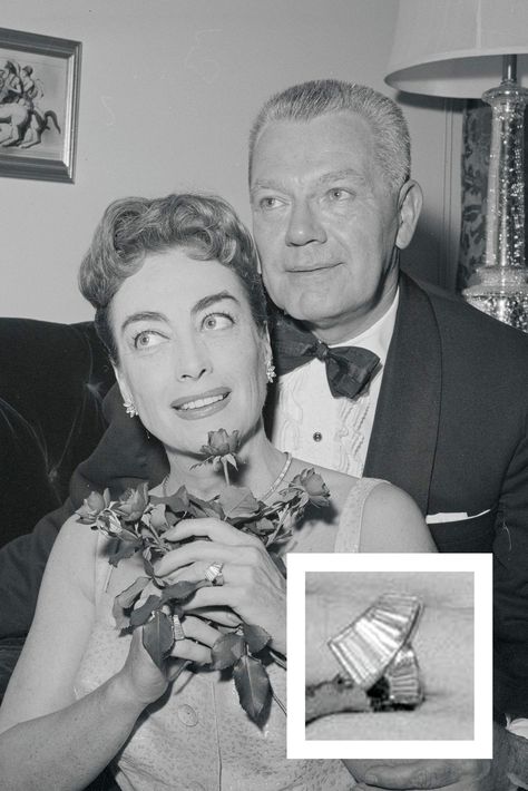 Joan Crawford - TownandCountrymag.com Famous Engagement Rings, Celebrity Wedding Rings, Royal Engagement Rings, Celebrity Rings, Old Hollywood Actresses, Old Rings, Costume Jewelry Rings, Engagement Celebration, Celebrity Engagement Rings