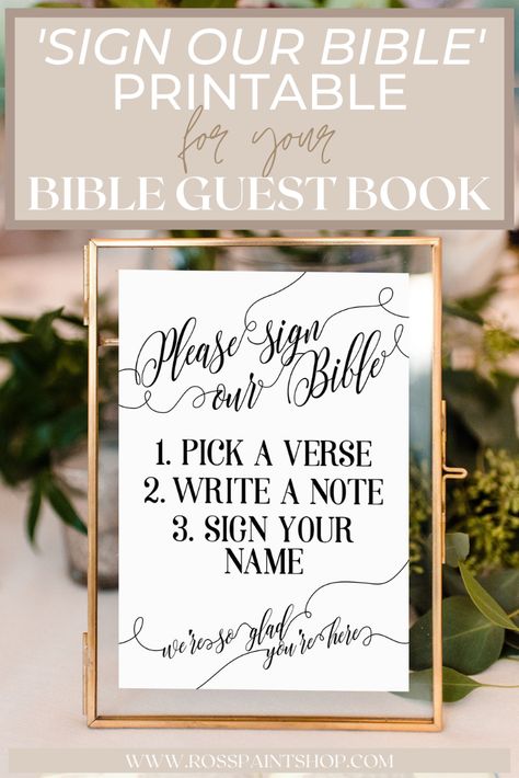 If you're planning to use a Bible guest book for your wedding, check out this printable Sign Our Bible PDF that tells your guest how to use your Bible guest book! The Bible guest book sign is super easy to download and print, and it comes in several colors to match your wedding palette. Check this one and more out at Ross Paint Shop on Etsy. Christian Guest Book Ideas, Family Bible Wedding Guest Book, Bible Verse Guest Book, Guest Book Bible Sign, Wedding Bible Guest Book, Bible Guest Book, Bible Pdf, Diy Wedding Guest Book, Christian Bride