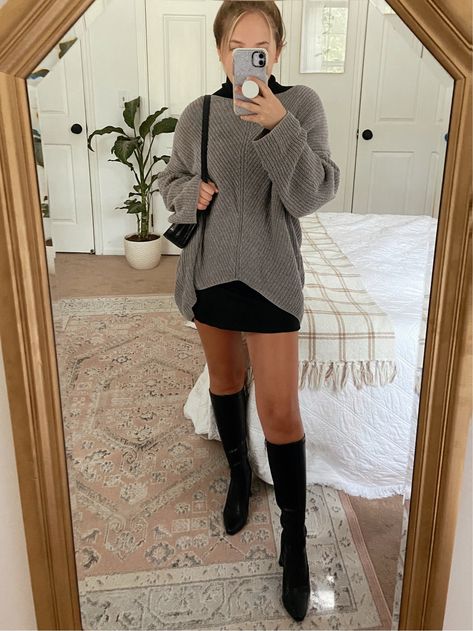 Mini Dress With Sweater Over It, Cute Skirt Sweater Outfit, Big Sweater Skirt Outfit, Oversized Sweater Skirt Outfit, Sweater Outfit With Skirt, Oversized Sweater With Skirt, Skirt With Oversized Sweater, Sweater And Mini Skirt Outfit, Sweater With Mini Skirt