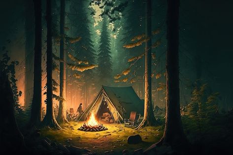 Camping Landscape Design, Camp In Forest, Camping In Forest, Camping At Night, Fantasy Camp, Night In The Forest, Camping Painting, Study Artwork, Camping Wallpaper