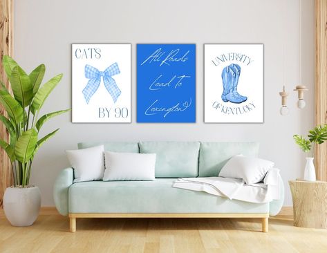 The perfect decor for dorms, apartments, or anywhere that you want to show off your love for the University of Kentucky!  A set of 3 posters available for digital download, NOT A PHYSICAL ITEM.  I would love to make a set that is custom to your college town! Message me and we can figure out the details! Print set of 3, preppy wall art, preppy room decor, preppy posters, University of Kentucky Print, preppy Print, colorful travel Print, Bright Print, Travel Print, Wall Art, Colorful Wall Art, blue wall art, Modern Print, Printable, Instant Download, Printable art , Preppy room decor, Kentucky Print, Lexington Print, SEC Print, College Print, Kentucky Cowboy Boots, Cute University of Kentucky Pictures University Of Kentucky Dorm Room Ideas, Kentucky Dorm Room, University Of Kentucky Dorm, Dorm Pictures, Preppy Posters, Room Decor Preppy, College Bedroom Decor, Wall Art Preppy, Preppy Wall Art