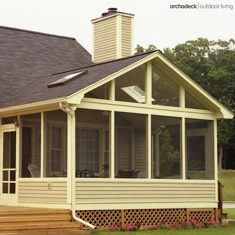 Screen porch with kneewall rails and skylights on a gable roof is an ideal fit with the home's original style. Screened In Porch Plans, Gable Roof Porch, Hipped Roof, Porch Kits, Screened Porch Designs, Screened In Deck, Porch Plans, Knee Wall, Roof House