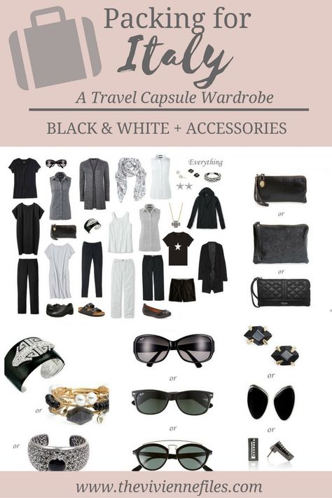 What to pack for travel to Italy; a travel capsule wardrobe in black and white What To Wear In Italy, Pack For Travel, Italy Travel Outfit, Travel To Italy, Packing Guide, Travel Capsule, Travel Capsule Wardrobe, Essential Accessories, Wardrobe Planning