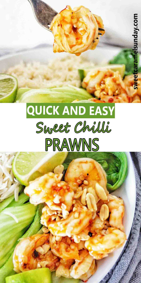 Fork holding prawn above white bowl of the same with rice and lime wedges. There is text written between 2 images. Sweet Chilli Prawns Recipe, Sweet Chilli Prawns, Chilli Honey, Chilli Prawns, Prawn Recipes, Honey Sauce, Lime Sauce, Sweet Chilli Sauce, Savoury Recipes