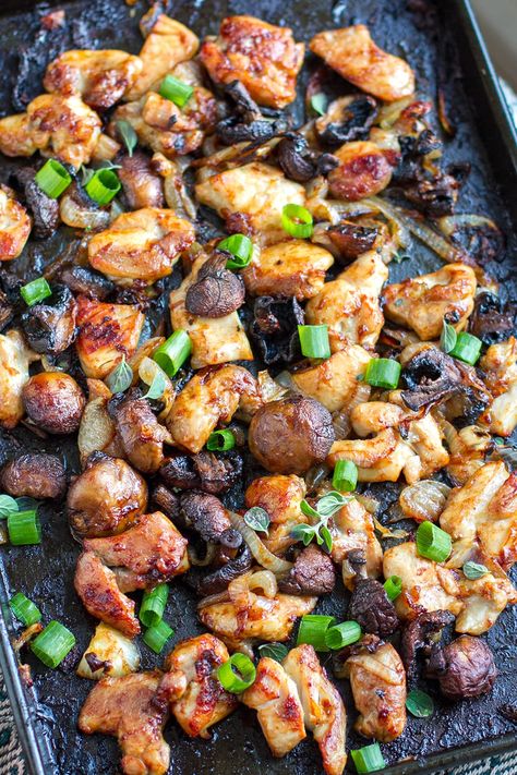 This delicious sheet pan Balsamic chicken and mushrooms recipe is perfect for a quick weeknight dinner. Succulent chicken pieces are baked with mushrooms in a sticky Balsamic glaze sauce. This healthy meal is gluten-free, paleo, Whole30. Bookmark this healthy chicken and mushroom recipe! Sheet Pan Chicken And Mushrooms, Whole 30 Mushroom Recipes, Chicken And Mushrooms Healthy, Paleo Sheet Pan Dinners, Whole 30 Sheet Pan Recipes, Sheet Pan Recipes Healthy, Balsamic Chicken And Mushrooms, Sheet Pan Balsamic Chicken, Dinner With Mushrooms