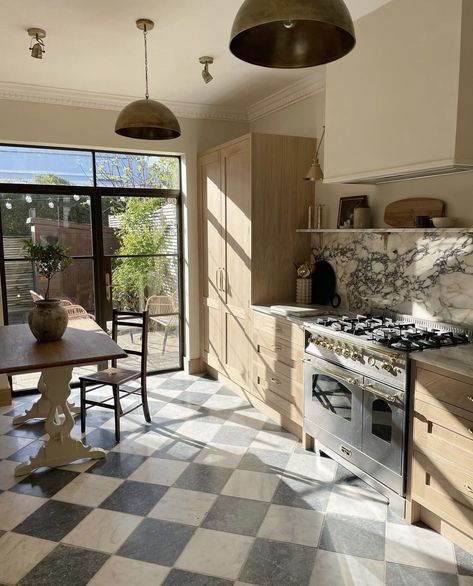 Checkered Floor Kitchen, School House White, Tumbled Marble Tile, Mandarin Stone, Light Gray Paint, House White, Marble Flooring, Black And White Tiles, White Paint Colors