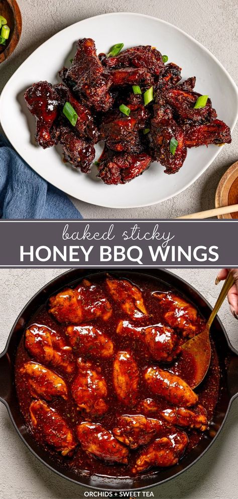 Get ready to indulge in finger-licking goodness with this Baked Sticky Honey BBQ Chicken Wings recipe. With a perfect blend of sweet and savory flavors, these wings are oven-baked to crispy perfection, then coated in a sticky honey BBQ sauce. Perfect for game nights, gatherings, or satisfying those wing cravings. Gluten free, Dairy free + Air fryer option. | sweet sticky chicken wings oven baked | chicken wings sticky oven baked | oven baked honey bbq wings recipe | sticky honey bbq wings Spicy Honey Bbq Wings, Sticky Chicken Wings Oven, Boneless Honey Bbq Wings, Sticky Bbq Chicken Wings, Sweet Sticky Chicken Wings, Honey Barbecue Chicken Wings, Gluten Free Bbq Chicken, Wings Oven Baked, Chicken Wings Oven