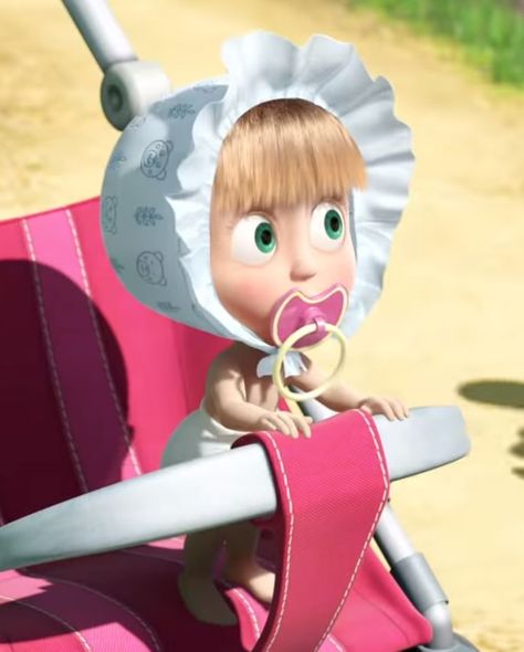 Masha dressed in a diaper and bonnet with a pacifier in a stroller in Masha and the Bear Masha And The Bear, The Bear, Stroller