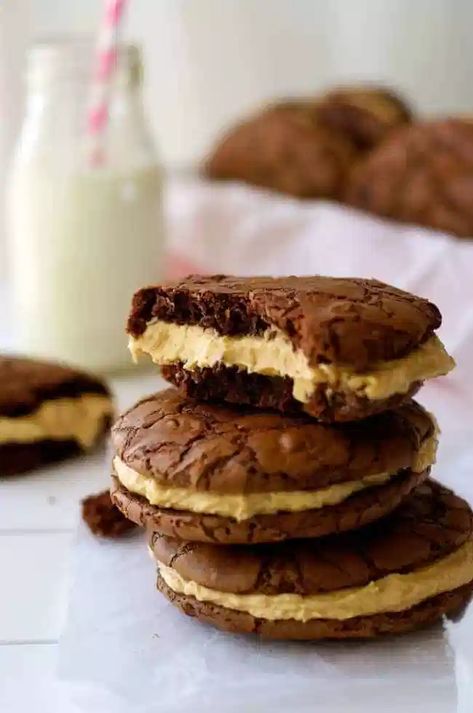 Brownie Sandwich, Cookies With Peanut Butter, Creme Filling, Cookie Sandwich, Molten Lava Cakes, Recipe Tin, Recipetin Eats, Peanut Butter Frosting, Peanut Butter Filling