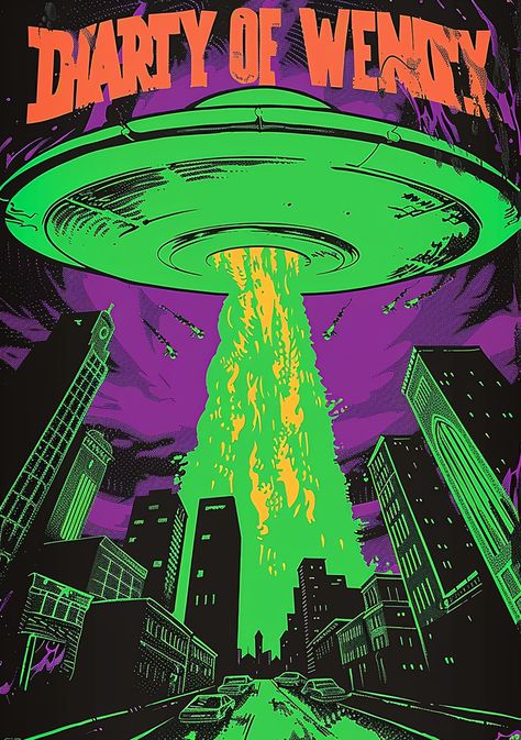 #NeonGreenFlyingSaucer #Ufo #CleanVectorArt #1950sHorrorMoviePoster #NeonColors #GrungePopArt #WarOfTheWorlds Grunge Pop Art, Green Comic Aesthetic, Green Ghost Aesthetic, Retro Alien Aesthetic, Red Graphic Poster, Neon Vibes Aesthetic, Green Alien Aesthetic, Purple Space Aesthetic, Alien Graphic Design