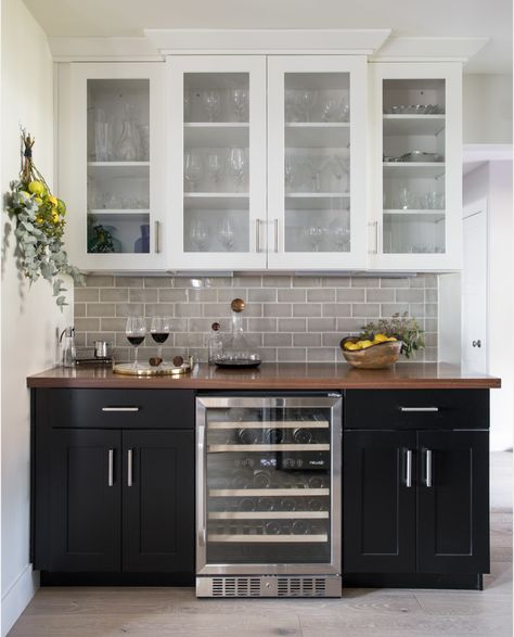 Subway tile, black cabinets, butcher block counter tops, chrome cabinet hardware, wine bar, coffee bar , wine fridge Cocina Diy, Home Bar Designs, Summer Palace, New Kitchen Cabinets, Classic Kitchen, Modern Farmhouse Kitchens, Küchen Design, Kitchen Space, Kitchen Style