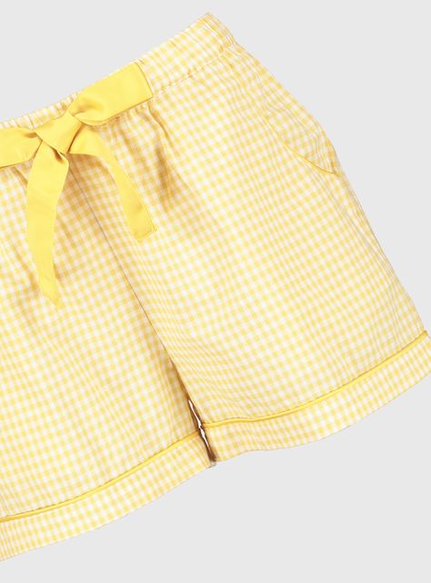 Yellow Gingham, Info Design, Pajama Top, Pajama Shorts, Bow Detail, Nightwear, Piping, Pure Cotton, Design Details