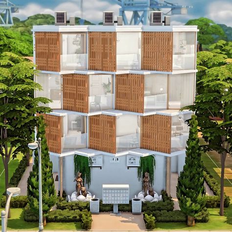 Sims 4 Houses Apartments, Sims Apartment Building, Sims4 Apartment, Apartment Complex Design, Sims 4 Apartments, Aesthetic House Exterior, Sims 4 Houses Layout, Sims Builds, Sims 4 House Building