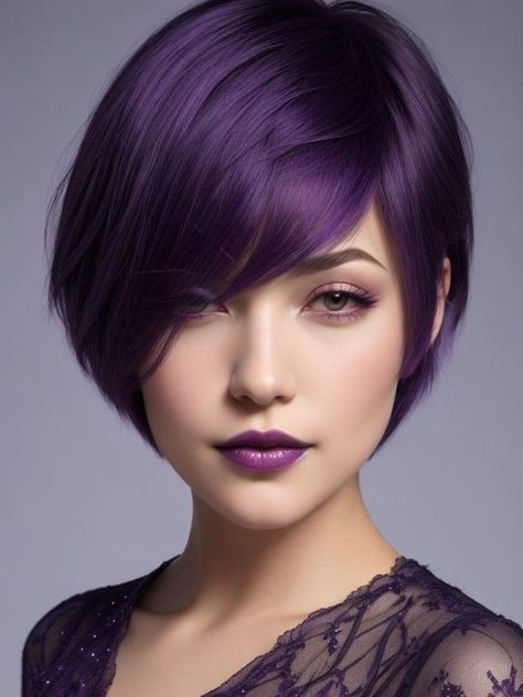 Plum Hair Color Short, Purple Black Hair Color Short, Two Tone Purple Hair Short, Putple Hair, Dark Purple Hair Short Bob, 2025 Hairstyles, Pixie Hairstyles Purple, Short Purple Hair, Diy Hair Color