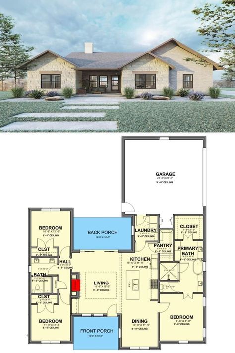 Single Story Home Exterior, One Story House Design, Single Story Home Plans, Home With Front Porch, Family Compound, Pole Barn House, Pole Barn House Plans, Light Hardwood Floors, Garage Floor Plans