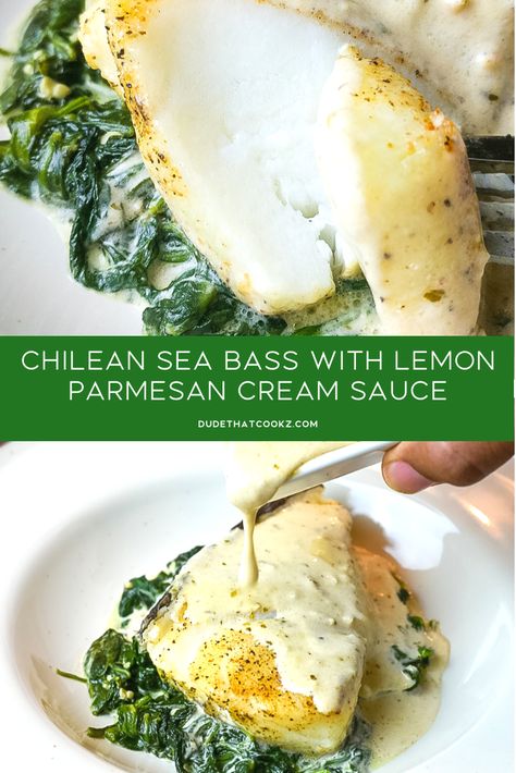 Cream Spinach, Sea Bass Recipes, Recipes Skillet, American Foods, Parmesan Cream Sauce, Cream Sauce Recipes, Fish Sea, Fish Dinner, Lemon Sauce