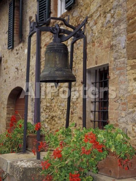 Bronze Bell, Geraniums and Farmhouse, Tuscany, Italy Travel Photographic Print - 46 x 61 cm House Accents, Cast Iron Bell, Beautiful France, Italy Poster, Farm Living, Under The Tuscan Sun, Tuscan Kitchen, Italy Print, Stretched Canvas Wall Art