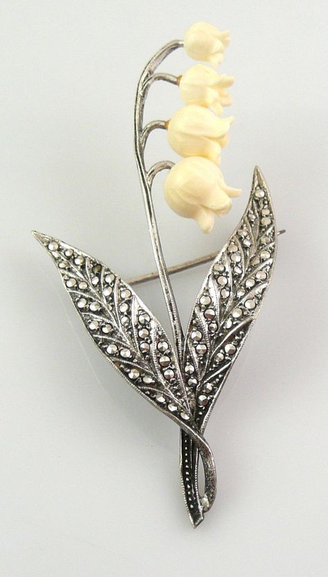 Vintage 1930s SIGNED Germany ART DECO Sterling & Marcasites FLORAL Brooch PIN 1930s Brooch, Art Deco Sign, Etiquette Vintage, Lily Of The Valley Flowers, Marcasite Jewelry, Vintage Germany, Floral Brooch, Sterling Silver Marcasite, Antique Brooches