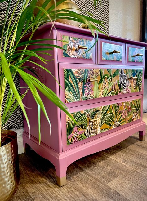 Stunning Stag chest of drawers which has been professionally restored and brought back to life using custom mixed pink from  Fusion Mineral paint and Jungle print .  This chest of drawers will make a striking addition to any home !  Can be used as a bedside cabinets in your bedroom or as a sideboards and great storage  solution in any room in your house .    This chest of drawers have been painted in beautiful pink colour , decoupaged in jungle animal print and oiled with hemp oil for extra prot Pink Painted Chest Of Drawers, Maximalist Sideboard, Pink And Green Painted Furniture, Bedside Table Painting Ideas, Chest Of Draws Bedroom Ideas, Pink Upcycled Furniture, Colourful Upcycled Furniture, Upcycled Drawers Ideas, Colourful Chest Of Drawers